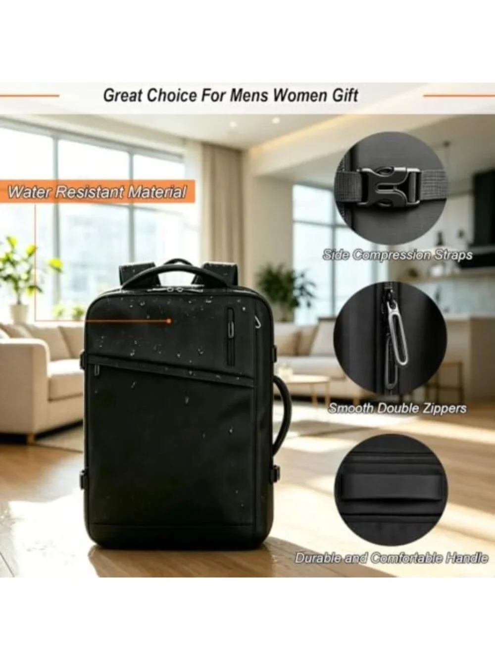 Expandable 50L Travel Backpack for Men & Women - Versatile Carry-On Bag, Black
